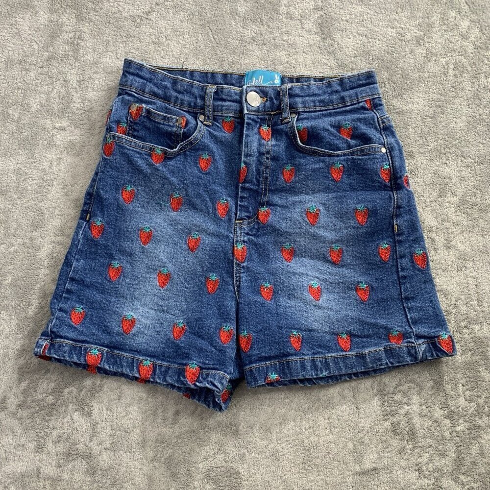 Hell Bunny Denim Shorts Womens Size XS Strawberry Embroidered Retro Blue 4” Cute